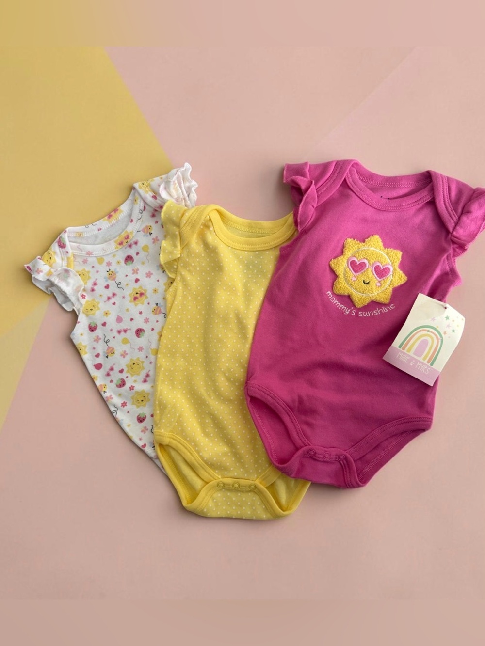 3-Pack Mommy's Sunshine Baby One-Pieces in Pink, Yellow & White